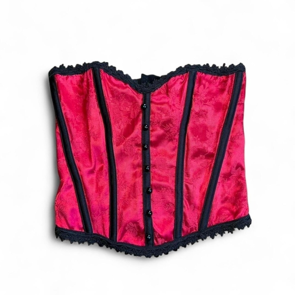 COQUETTE Vintage Red corset vintage with black lace trim Size M